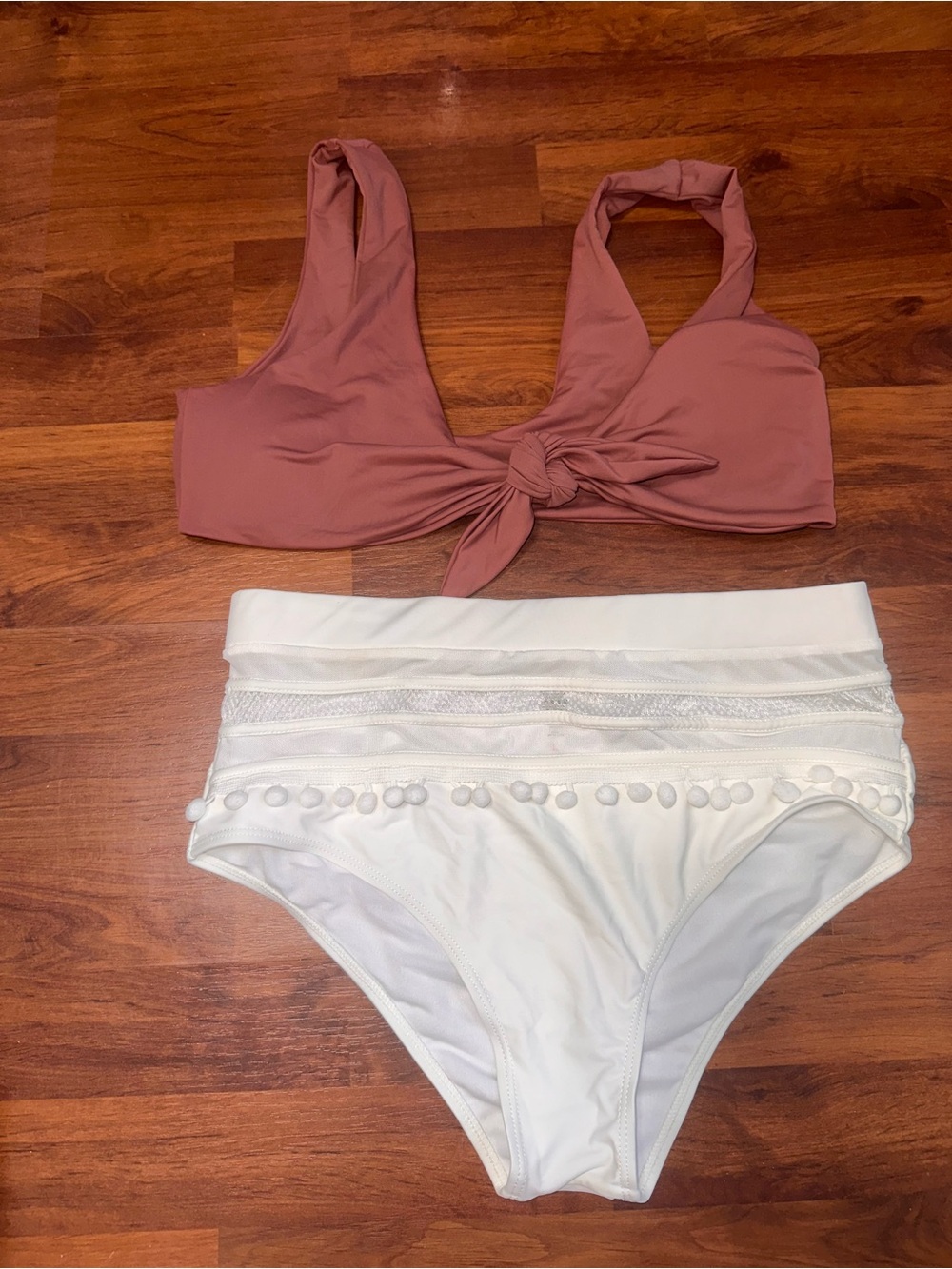 Amazon Mauve Knot-Front Bikini Top with White High-Waist Bottoms